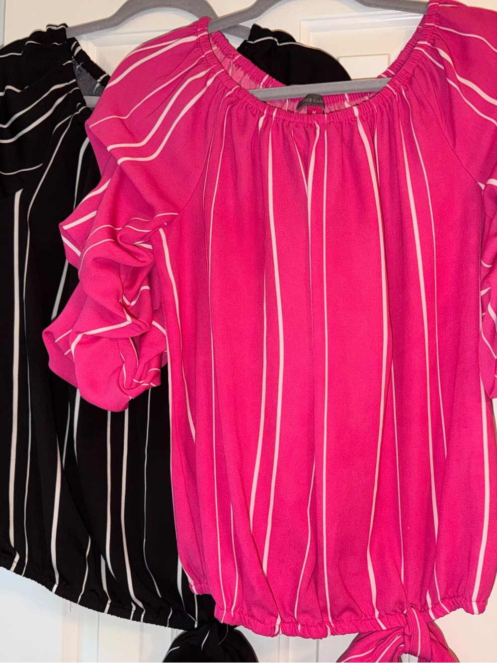Vince Camuto Bundle Lot of 2 Tops Pink Black w/White Stripes Bubble Sleeves Med